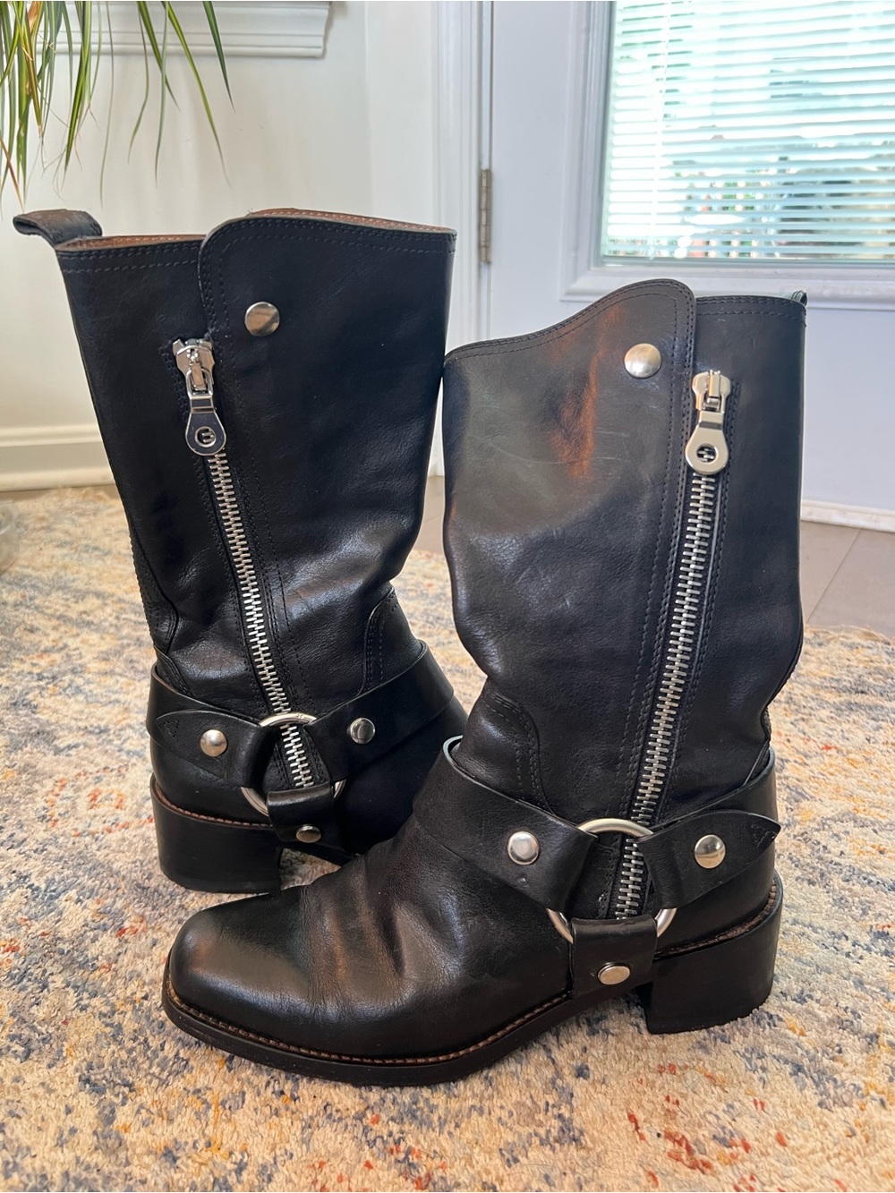 Black Leather Mid-Calf Zip Harness Boots